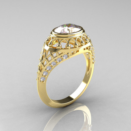Modern Victorian 18K Yellow Gold 1.16 Carat Oval Zircon 0.24 CTW Diamond Bridal Ring R158-18KYGDZ-1