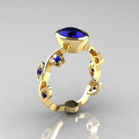 Classic 14K Yellow Gold 1.0 Carat Oval Blue Sapphire Flower Leaf Engagement Ring R159O-14KYGBSS-1