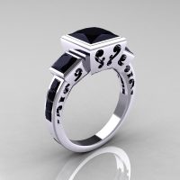 Classic Bridal 10K White Gold 2.5 Carat Square Three Stone Princess Black Diamond Ring R315-10WGBD-1