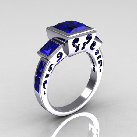 Classic Bridal 18K White Gold 2.5 Carat Square Three Stone Princess Blue Sapphire Ring R315-18WGBS-1