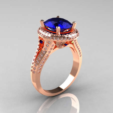 French Bridal 18K Rose Gold 2.5 Carat Oval Blue Sapphire Diamond Cluster Engagement Ring R164-18KRGDBS-1