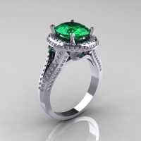 French Bridal 14K White Gold 2.5 Carat Oval Emerald Diamond Cluster Engagement Ring R164-14KWGDEM-1