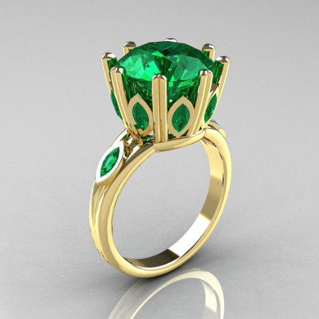 Classic 14K Yellow Gold Marquise and 5.0 CT Round  Emerald Solitaire Ring R160-14KYGEM-1