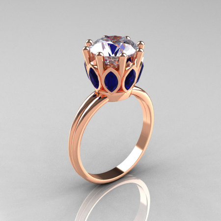 Modern Antique 14K Rose Gold Marquise Blue Sapphire and 2.0 CT Round Zirconia Solitaire Ring R90-2-14KRGBSCZ-1