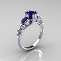 Classic 10K White Gold 1.25 CT Princess Blue Sapphire Diamond Three Stone Engagement Ring R171-10KWGDBS-1