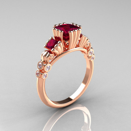 Classic 14K Rose Gold 1.25 CT Princess Garnet Diamond Three Stone Engagement Ring R171-14KRGDG-1