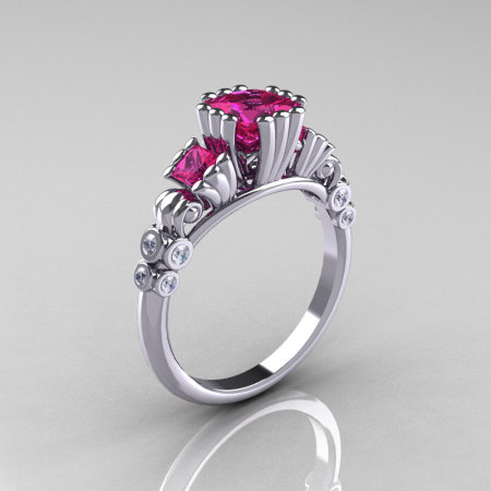 Classic 10K White Gold 1.25 CT Princess Pink Sapphire Diamond Three Stone Engagement Ring R171-10KWGDPS-1