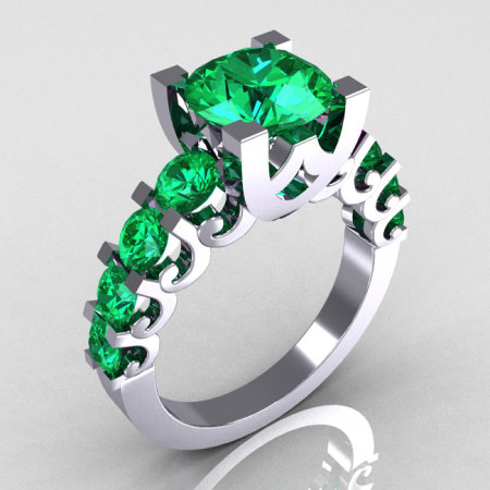 Modern Vintage 14K White Gold 2.0 Carat Emerald Designer Wedding Ring R142-14KWGEMM-1