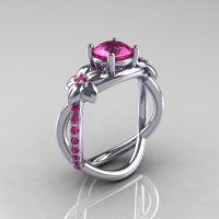 Nature Classic 18K White Gold 1.0 CT Pink Sapphire Leaf and Vine Engagement Ring R180-18WGPSS-1