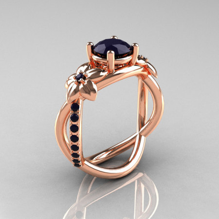 Nature Classic 14K Rose Gold 1.0 CT Dark Blue Sapphire Leaf and Vine Engagement Ring R180-14RGDBSS-1