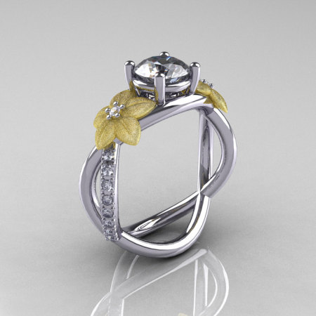 Nature Classic 18K Two-Tone Gold 1.0 CT White Sapphire Diamond Leaf and Vine Engagement Ring R180-18KTTWYGDWS-1
