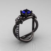 Designer Classic 14K Black Gold 1.0 CT Blue Sapphire Diamond  Leaf and Vine Wedding Ring Engagement Ring R180-14KBGDBS-1