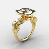Natures Nouveau 18K Yellow Gold White Sapphire Diamond Leaf and Mushroom Wedding Ring Engagement Ring NN103A-18KYGDWS-1