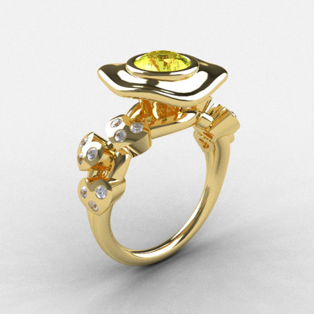 14K Yellow Gold Yellow Sapphire Diamond Leaf and Mushroom Wedding Ring Engagement Ring NN103A-14KYGDYS-1