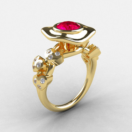 10K Yellow Gold Ruby Diamond Leaf and Mushroom Wedding Ring Engagement Ring NN103A-10KYGDR-1