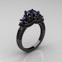 French 14K Black Gold Three Stone Dark Blue Sapphire Wedding Ring Engagement Ring R182-14KBGDDBS-1