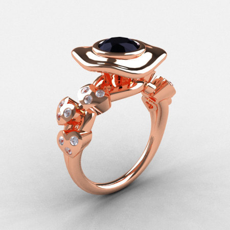 14K Rose Gold Black Diamond Leaf and Mushroom Wedding Ring Engagement Ring NN103A-14KRGDBD-1