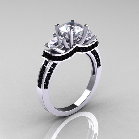 French 14K White Gold Three Stone White Sapphire Black Diamond Wedding Ring Engagement Ring R182-14KWGBDWS-1