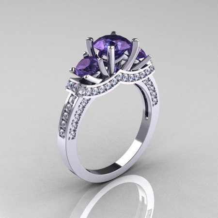 French 18K White Gold Three Stone Alexandrite Diamond Wedding Ring Engagement Ring R182-18KWGDAL-1