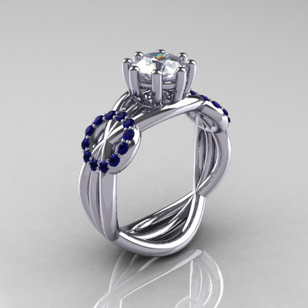 Modern Bridal 10K White Gold 1.0 CT White and Blue Sapphire Designer Ring R181-10KWGBSWS-1