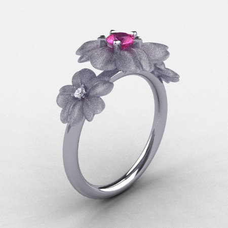 14K White Gold Pink Sapphire Diamond Flower Wedding Ring Engagement Ring NN107-14KWGDPS-1
