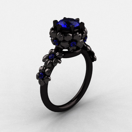 14K Black Gold Blue Sapphire Flower Wedding Ring Engagement Ring NN109-14KBGBS-1