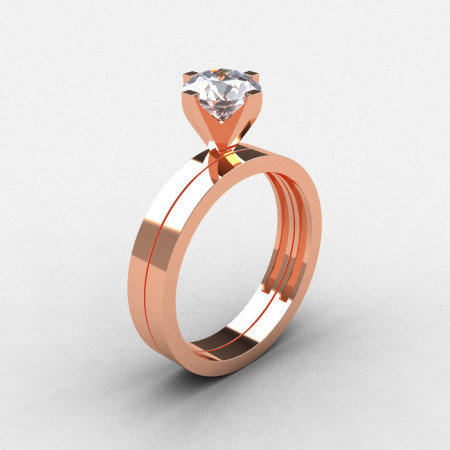 Modern 14K Rose Gold 1.0 CT White Sapphire Solitaire Engagement Ring Wedding Band Bridal Set R186S-14KRGWS-1