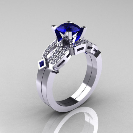 Classic 14K White Gold Blue Sapphire Diamond Solitaire Ring Single Flush Band Bridal Set R188S-14KWGDBS-1