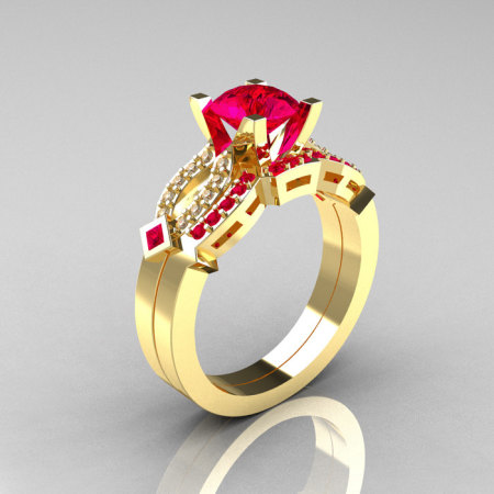 Classic 14K Yellow Gold Ruby Diamond Solitaire Ring Single Flush Band Bridal Set R188S-14KYGDRR-1