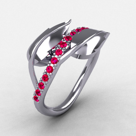 10K White Gold Rubies Leaf and Vine Wedding Ring Engagement Ring NN113-10KWGR-1