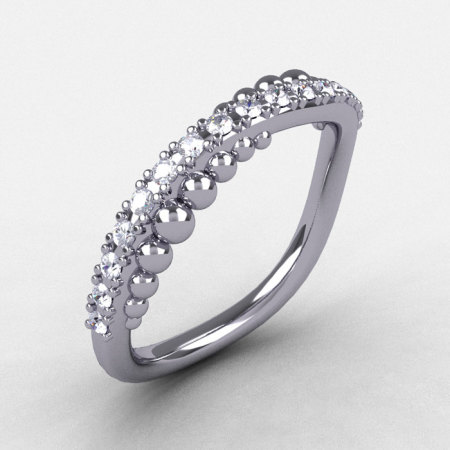 14K White Gold White Sapphire Pearl and Vine Wedding Band Engagement Ring NN115-14KWGWS-1