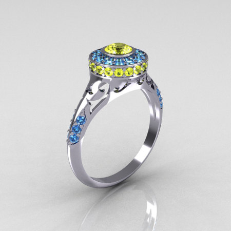 Modern Antique 14K White Gold Yellow and Blue Topaz Wedding Ring Engagement Ring R191-14KWGYTBT-1