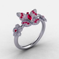 Natures Nouveau 14K White Gold Rubies Butterfly Wedding Ring Engagement Ring NN116S-14KWGRR-1