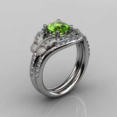 14KT White Gold Diamond Leaf and Vine Peridot Wedding RingEngagement Ring NN117SS-14KWGDP Nature Inspired Jewelry-1