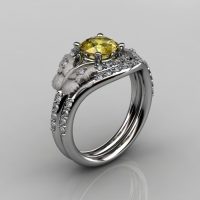 14KT White Gold Diamond Leaf and Vine Yellow Sapphire Wedding RingEngagement Ring NN117SS-14KWGDBS Nature Inspired Jewelry-1
