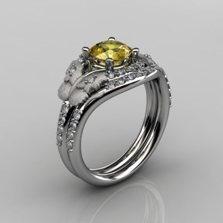 Nature Inspired 10K White Gold 1.0 CT Yellow Sapphire Diamond Butterfly and Vine Engagement Ring Wedding Band Set NN117SS-10KWGDYS-1