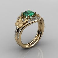 Nature Inspired 14K Yellow Gold 1.0 CT Emerald Diamond Butterfly and Vine Engagement Ring Wedding Band Set NN117SS-14KYGDEM-1
