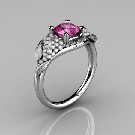 Nature Inspired 14K White Gold 1.0 CT Pink Sapphire Diamond Grape Vine and Leaf Engagement Ring NN118S-14KWGDPS-1