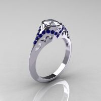 Classic 14K White Gold Oval White and Blue Sapphire Wedding Ring Engagement Ring R194-14KWGBSNWS-1