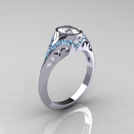 Classic 14K White Gold Oval White Sapphire Aquamarine Wedding Ring Engagement Ring R194-14KWGAQNWS-1