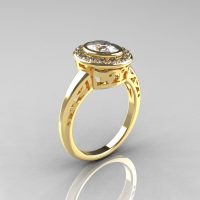 Classic Italian 18K Yellow Gold Oval White Sapphire Diamond Engagement Ring R195-18KYGDNWS-1