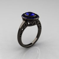 Classic Italian 14K Black Gold Oval Blue Sapphire Engagement Ring R195-14KBGNBS-1