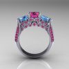 Classic 18K White Gold Three Stone Blue Topaz Pink Sapphire Solitaire Ring R200-18KWGBTPS-2