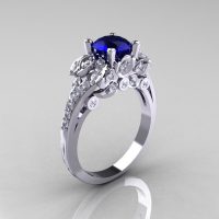 Classic 18K White Gold 1.0 CT Blue Sapphire Diamond Solitaire Wedding Ring R203-18KWGDBS-1