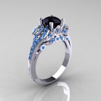 Classic 14K White Gold 1.0 CT Black Diamond Blue Topaz Blazer Wedding Ring R203-14KWGBTBD-1