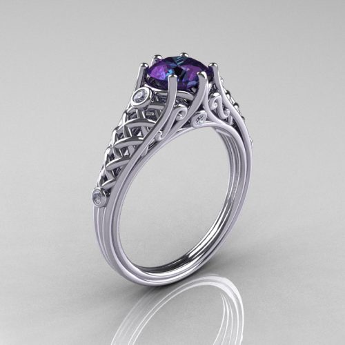 Classic French 18K White Gold 1.0 Carat Alexandrite Diamond Lace Ring R175-18WGDAL-1