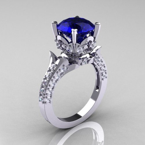 Classic French 14K White Gold 3.0 Carat Blue Sapphire Diamond Solitaire Wedding Ring R401-14KWGDBS-1