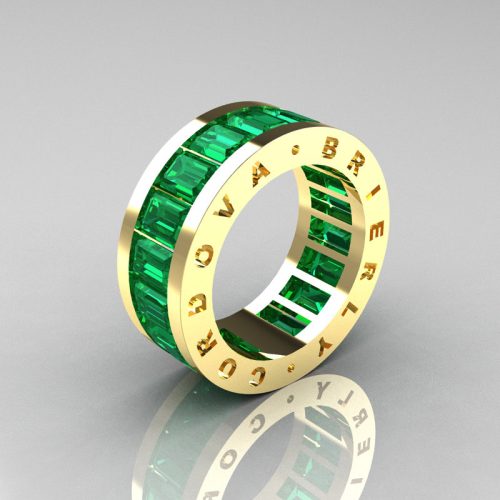 Mens Modern 14K Yellow Gold Emerald Channel Cluster Infinity Wedding Band R174-14YGEM-1