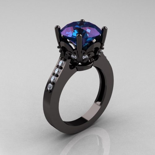Classic 14K Black Gold 3.0 Carat Russian Chrysoberyl Alexandrite Diamond Solitaire Wedding Ring R301-14KBGDAL-1