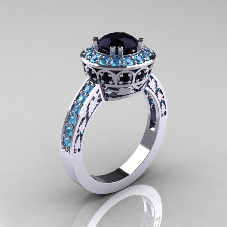 Classic 14K White Gold 1.0 Carat Black Diamond Blue Topaz Wedding Ring Engagement Ring R199-14KWGBTBD-1